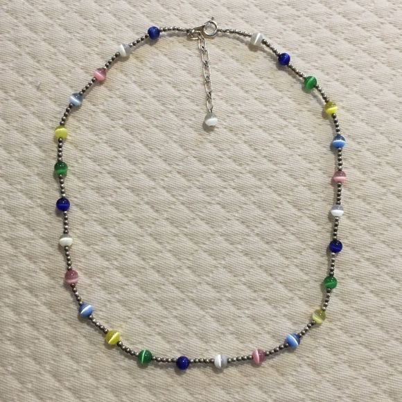 VTG Sterling Silver Multicolor Cats Eye Station Beaded Choker Necklace Extension - Picture 14 of 15